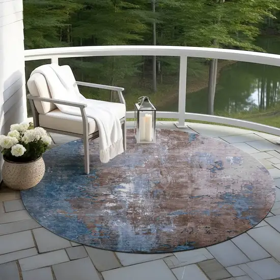 8' Brown And Blue Round Abstract Washable Indoor Outdoor Area Rug Photo 5