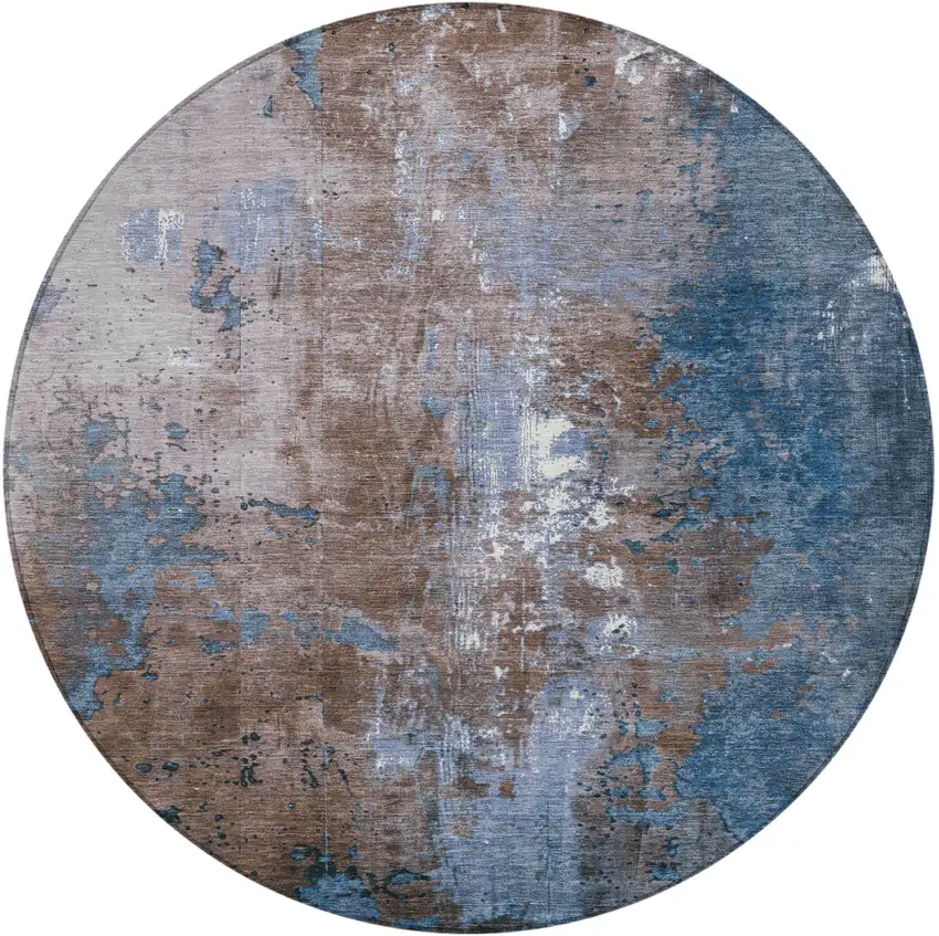8' Brown And Blue Round Abstract Washable Indoor Outdoor Area Rug Photo 3