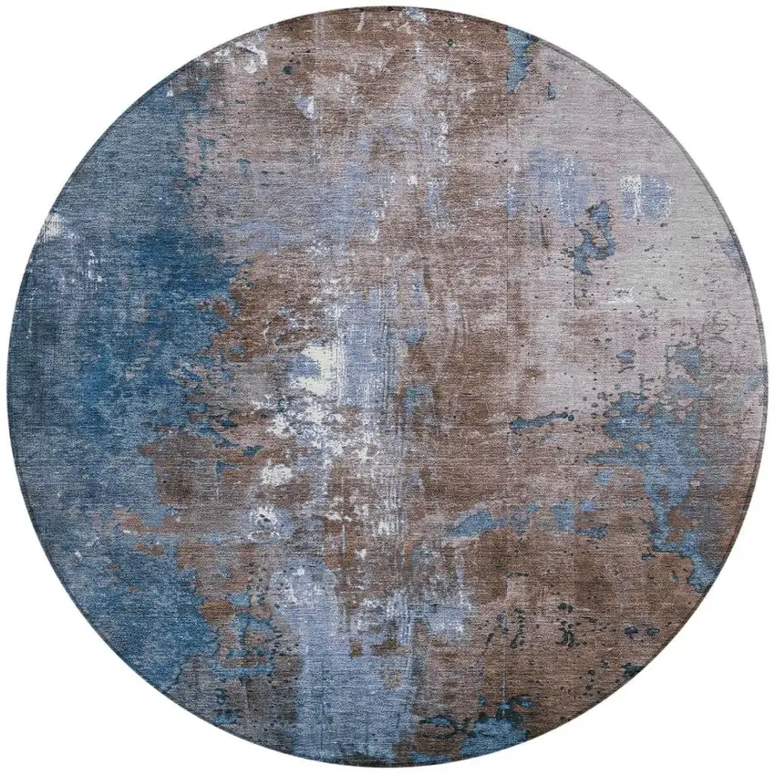 8' Brown And Blue Round Abstract Washable Indoor Outdoor Area Rug Photo 4