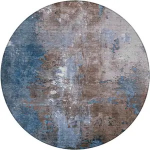 Photo of 8' Brown And Blue Round Abstract Washable Indoor Outdoor Area Rug
