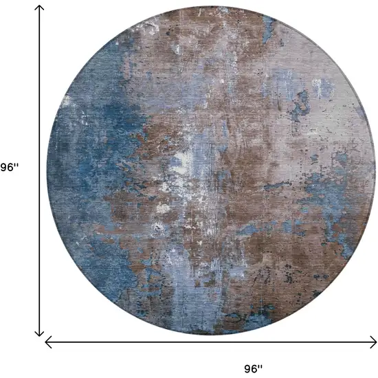 8' Brown And Blue Round Abstract Washable Indoor Outdoor Area Rug Photo 9
