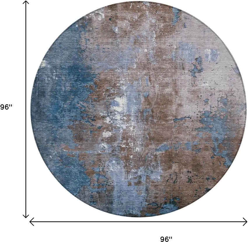 8' Brown And Blue Round Abstract Washable Indoor Outdoor Area Rug Photo 9