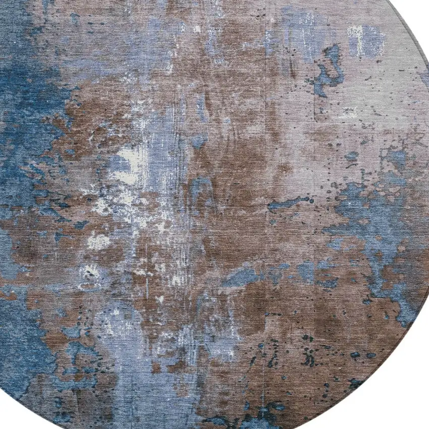 8' Brown And Blue Round Abstract Washable Indoor Outdoor Area Rug Photo 9