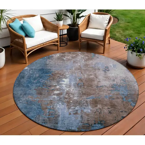 8' Brown And Blue Round Abstract Washable Indoor Outdoor Area Rug Photo 2