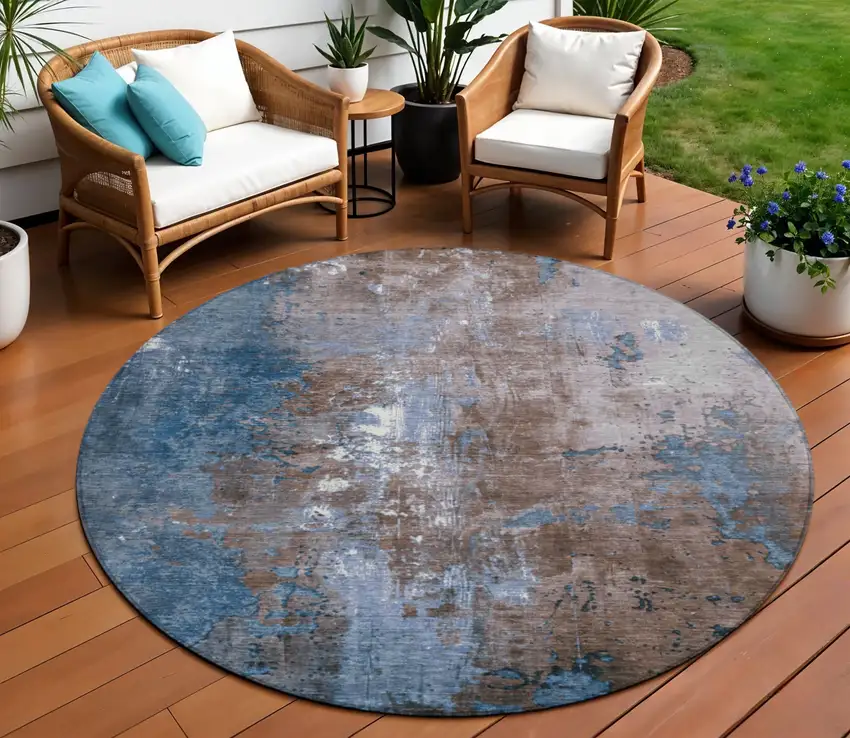 8' Brown And Blue Round Abstract Washable Indoor Outdoor Area Rug Photo 2