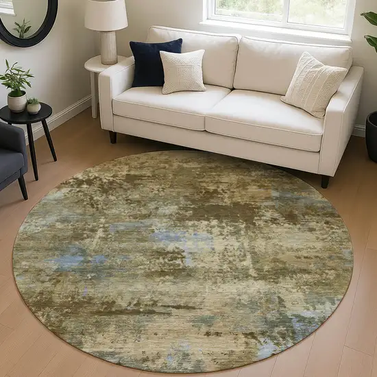 8' Brown And Blue Round Abstract Washable Indoor Outdoor Area Rug Photo 5