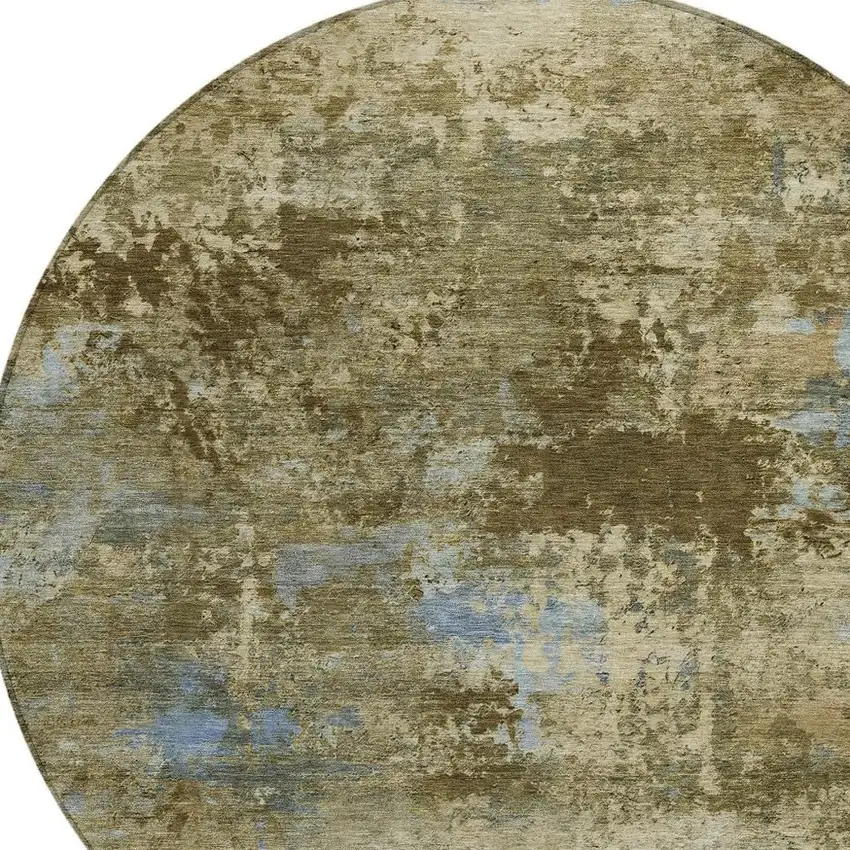 8' Brown And Blue Round Abstract Washable Indoor Outdoor Area Rug Photo 2