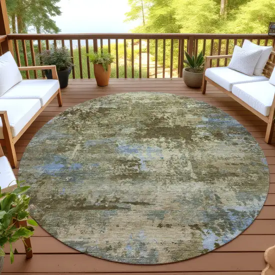 8' Brown And Blue Round Abstract Washable Indoor Outdoor Area Rug Photo 4