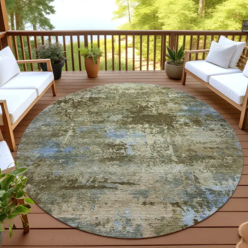 8' Brown And Blue Round Abstract Washable Indoor Outdoor Area Rug Photo 4
