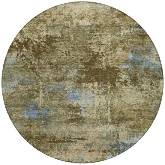 8' Brown And Blue Round Abstract Washable Indoor Outdoor Area Rug Photo 3