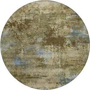 Photo of 8' Brown And Blue Round Abstract Washable Indoor Outdoor Area Rug