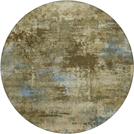 8' Brown And Blue Round Abstract Washable Indoor Outdoor Area Rug Photo 1