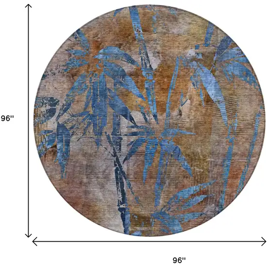 8' Brown And Blue Round Botanical Leaves Washable Indoor Outdoor Area Rug Photo 8