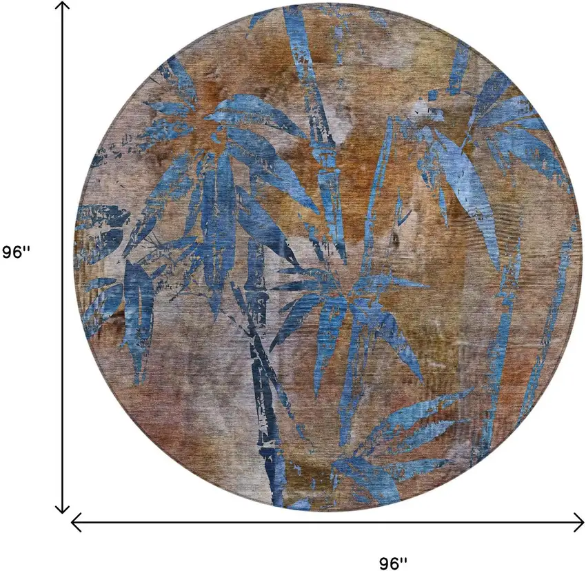 8' Brown And Blue Round Botanical Leaves Washable Indoor Outdoor Area Rug Photo 8