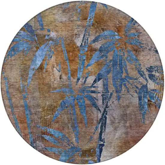8' Brown And Blue Round Botanical Leaves Washable Indoor Outdoor Area Rug Photo 4