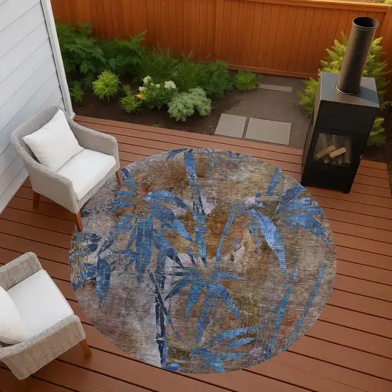8' Brown And Blue Round Botanical Leaves Washable Indoor Outdoor Area Rug Photo 8