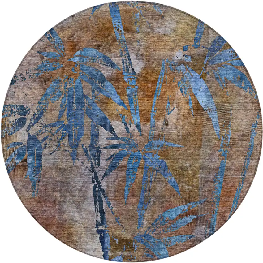 8' Brown And Blue Round Botanical Leaves Washable Indoor Outdoor Area Rug Photo 1
