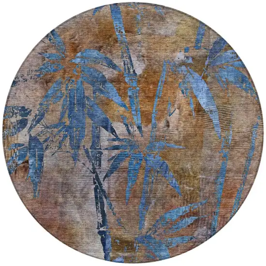 8' Brown And Blue Round Botanical Leaves Washable Indoor Outdoor Area Rug Photo 3
