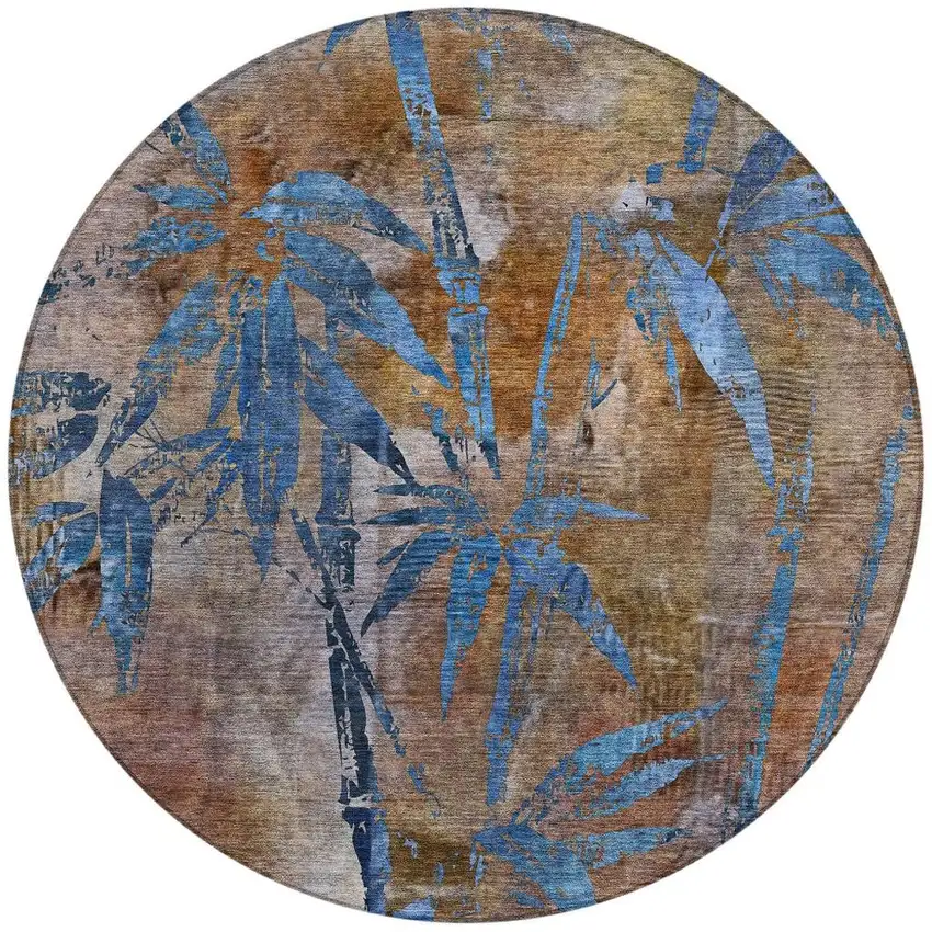 8' Brown And Blue Round Botanical Leaves Washable Indoor Outdoor Area Rug Photo 3