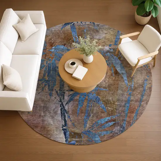 8' Brown And Blue Round Botanical Leaves Washable Indoor Outdoor Area Rug Photo 9