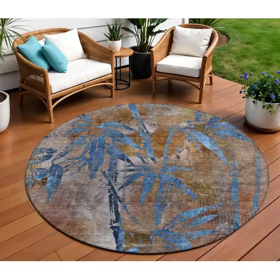 8' Brown And Blue Round Botanical Leaves Washable Indoor Outdoor Area Rug Photo 2