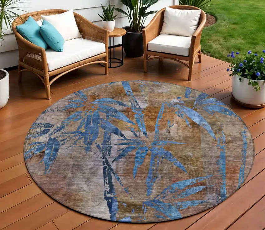 8' Brown And Blue Round Botanical Leaves Washable Indoor Outdoor Area Rug Photo 2