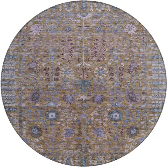 8' Brown And Blue Round Floral Washable Indoor Outdoor Area Rug Photo 2