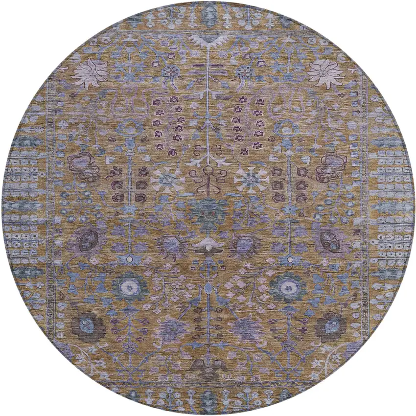 8' Brown And Blue Round Floral Washable Indoor Outdoor Area Rug Photo 2