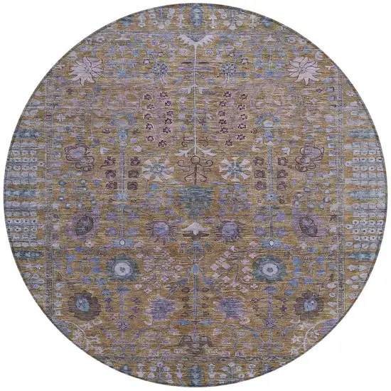 8' Brown And Blue Round Floral Washable Indoor Outdoor Area Rug Photo 4