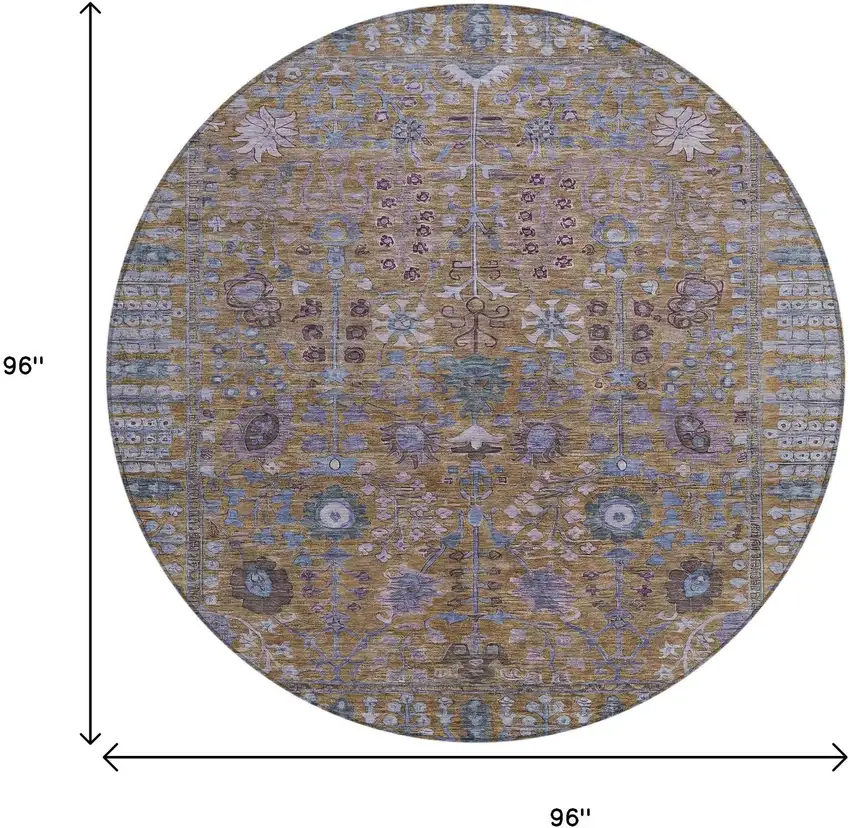 8' Brown And Blue Round Floral Washable Indoor Outdoor Area Rug Photo 3