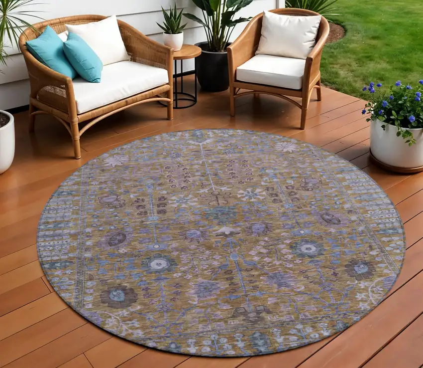8' Brown And Blue Round Floral Washable Indoor Outdoor Area Rug Photo 1