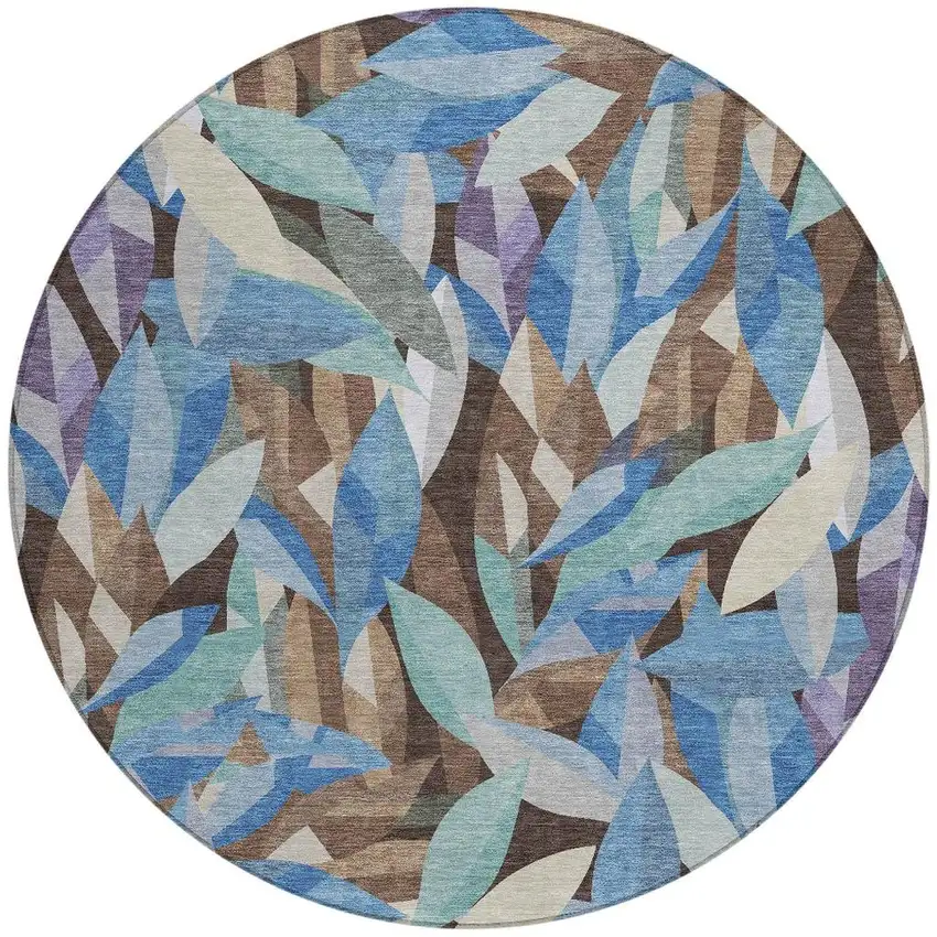 8' Brown And Blue Round Floral Washable Indoor Outdoor Area Rug Photo 3