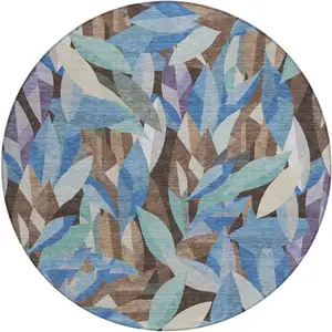 Photo of 8' Brown And Blue Round Floral Washable Indoor Outdoor Area Rug