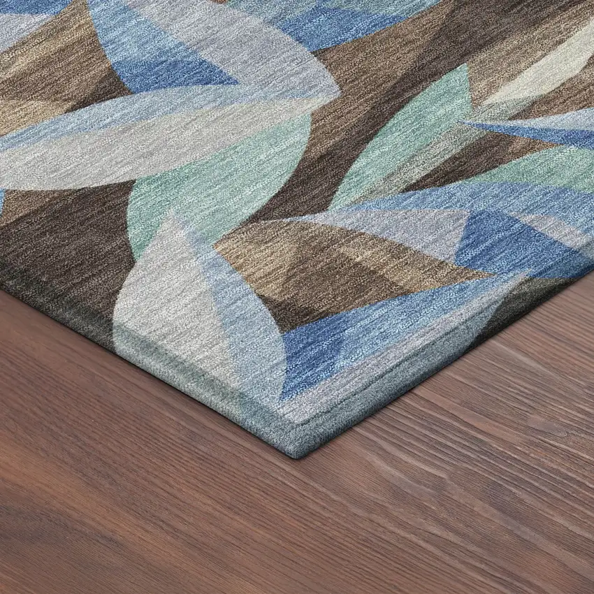 8' Brown And Blue Round Floral Washable Indoor Outdoor Area Rug Photo 8