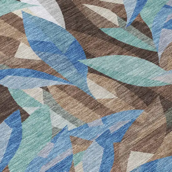 8' Brown And Blue Round Floral Washable Indoor Outdoor Area Rug Photo 9