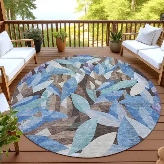 8' Brown And Blue Round Floral Washable Indoor Outdoor Area Rug Photo 4