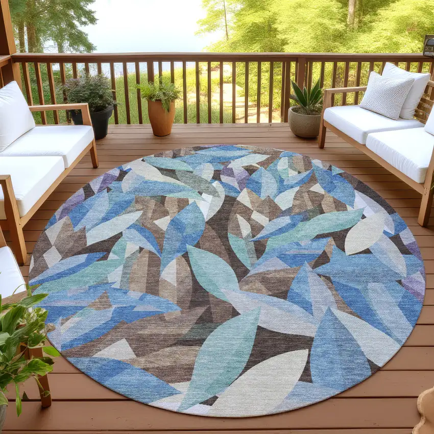 8' Brown And Blue Round Floral Washable Indoor Outdoor Area Rug Photo 4