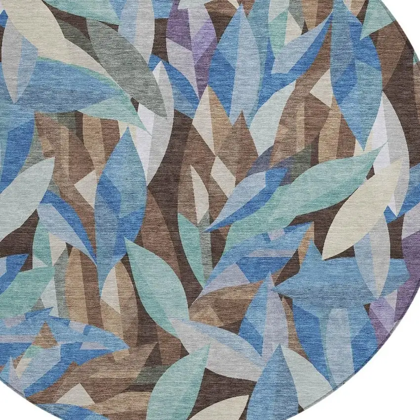 8' Brown And Blue Round Floral Washable Indoor Outdoor Area Rug Photo 2