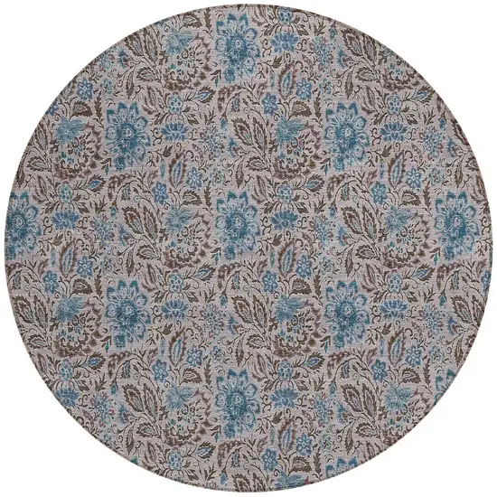 8' Brown And Blue Round Floral Washable Indoor Outdoor Area Rug Photo 4