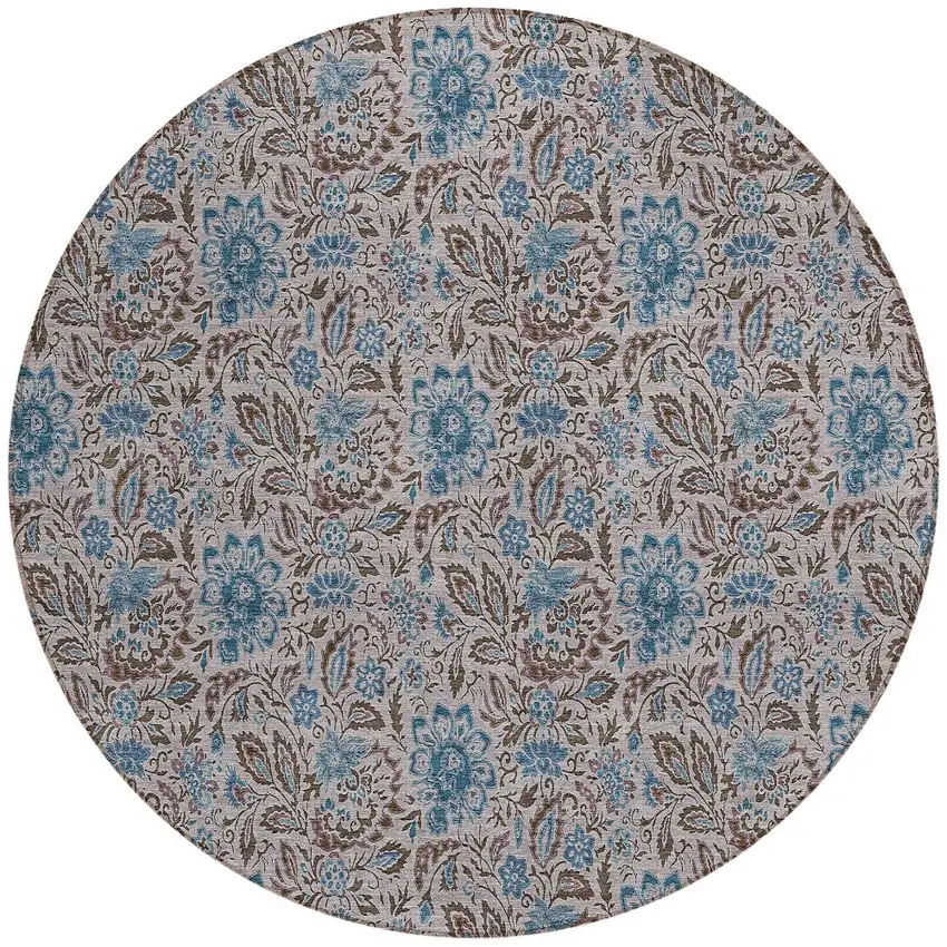 8' Brown And Blue Round Floral Washable Indoor Outdoor Area Rug Photo 4