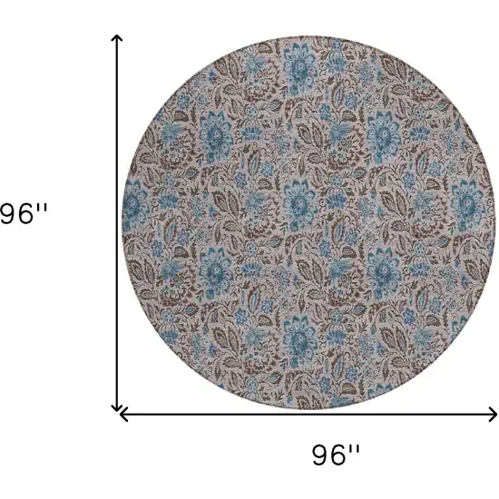 8' Brown And Blue Round Floral Washable Indoor Outdoor Area Rug Photo 3