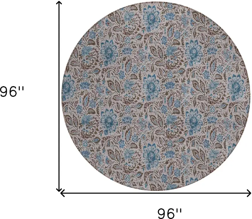 8' Brown And Blue Round Floral Washable Indoor Outdoor Area Rug Photo 3