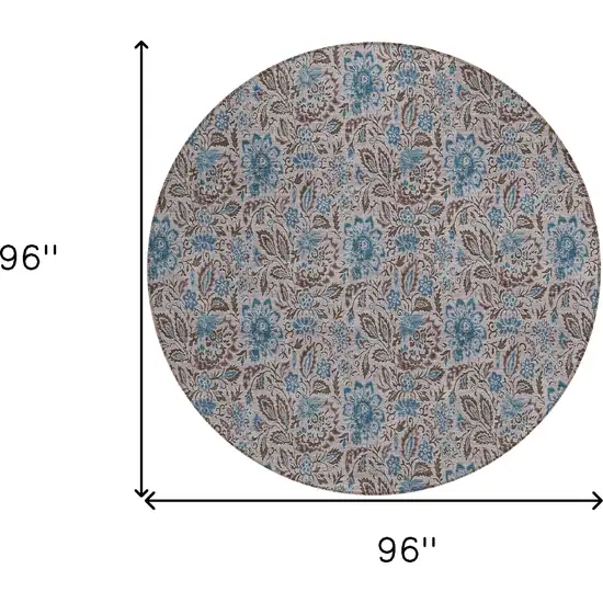 8' Brown And Blue Round Floral Washable Indoor Outdoor Area Rug Photo 3
