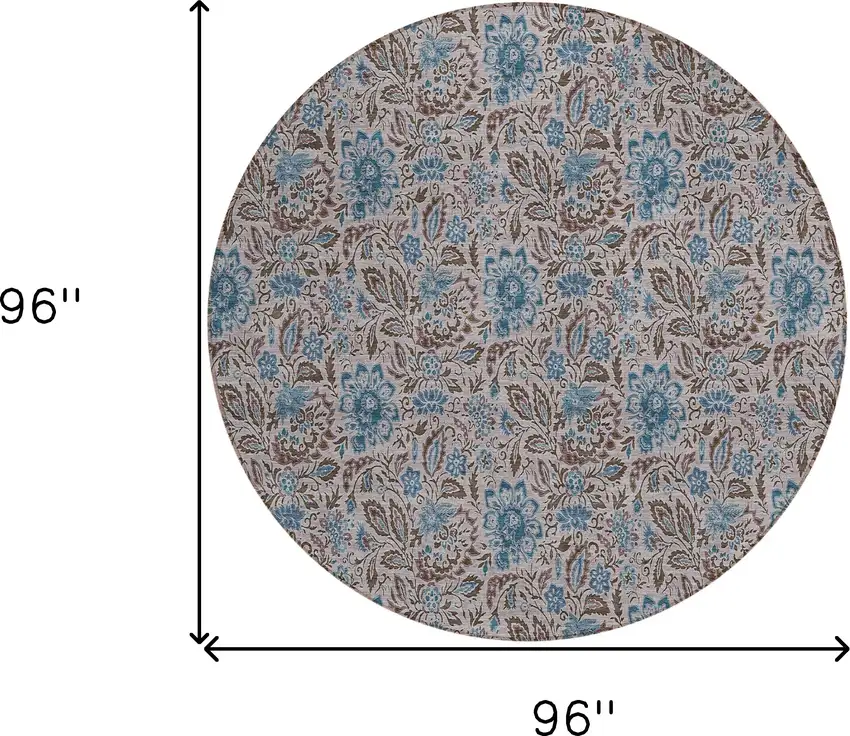 8' Brown And Blue Round Floral Washable Indoor Outdoor Area Rug Photo 3