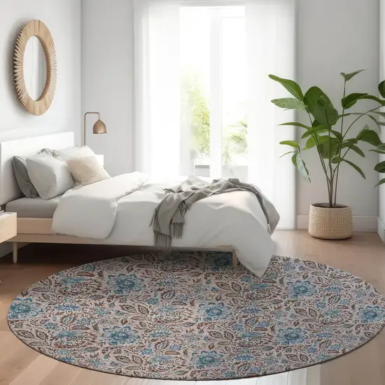 8' Brown And Blue Round Floral Washable Indoor Outdoor Area Rug Photo 8