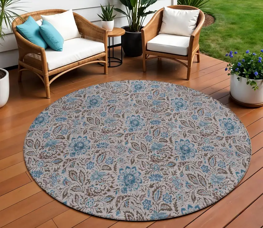 8' Brown And Blue Round Floral Washable Indoor Outdoor Area Rug Photo 1