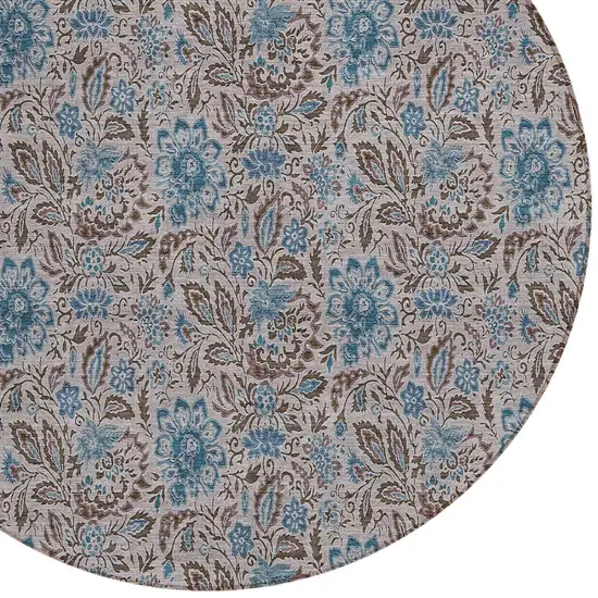 8' Brown And Blue Round Floral Washable Indoor Outdoor Area Rug Photo 6
