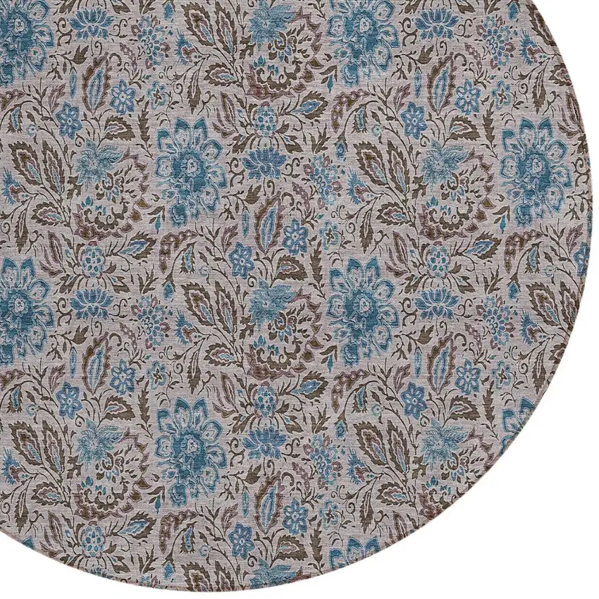 8' Brown And Blue Round Floral Washable Indoor Outdoor Area Rug Photo 6
