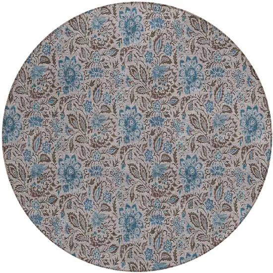 8' Brown And Blue Round Floral Washable Indoor Outdoor Area Rug Photo 2