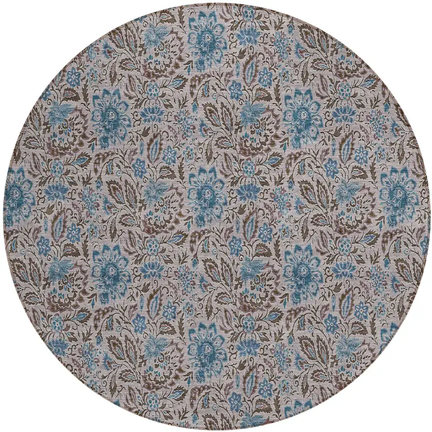 8' Brown And Blue Round Floral Washable Indoor Outdoor Area Rug Photo 2